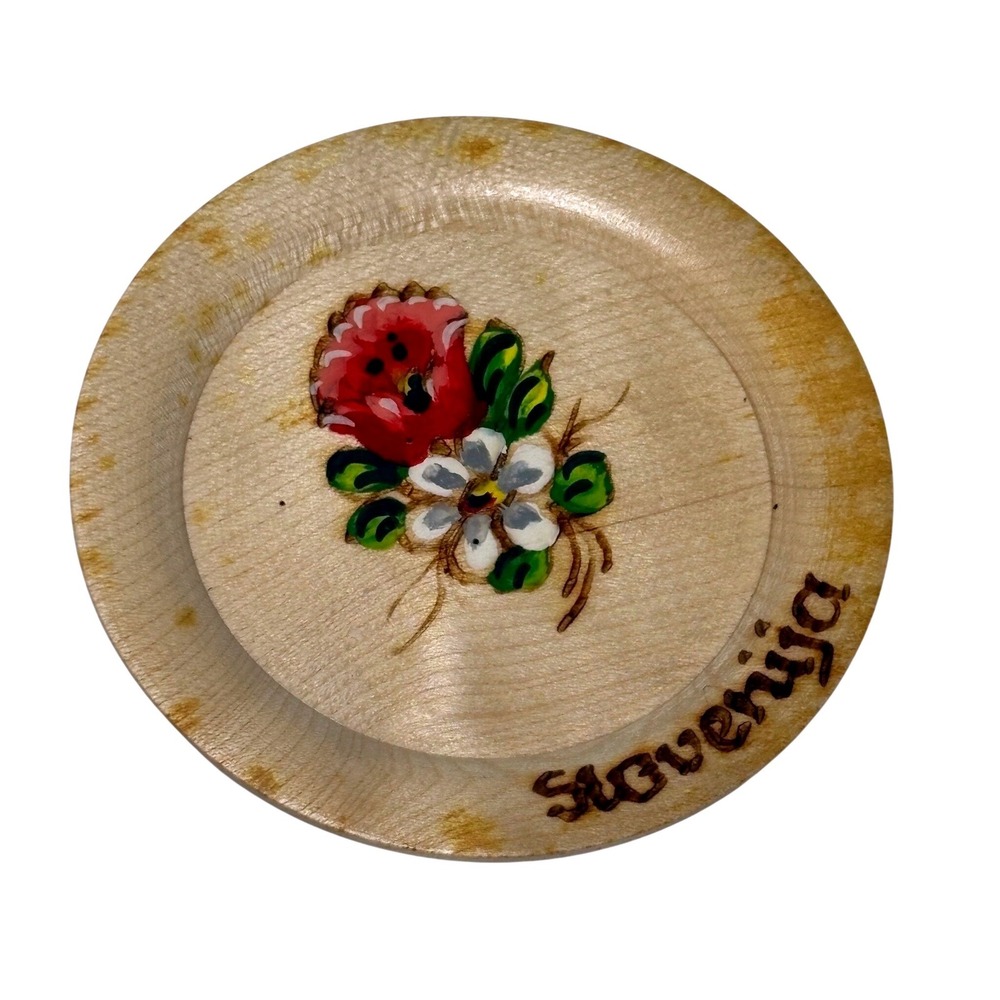 Hand Painted Floral Folk Art‎ Wood Souvenir Mini Plate 4in tan